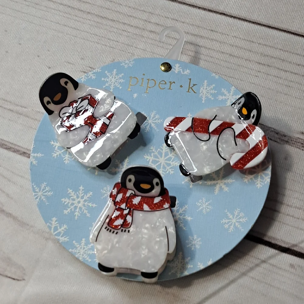Piper K Penguin Hair Clips with Red and White Scarves